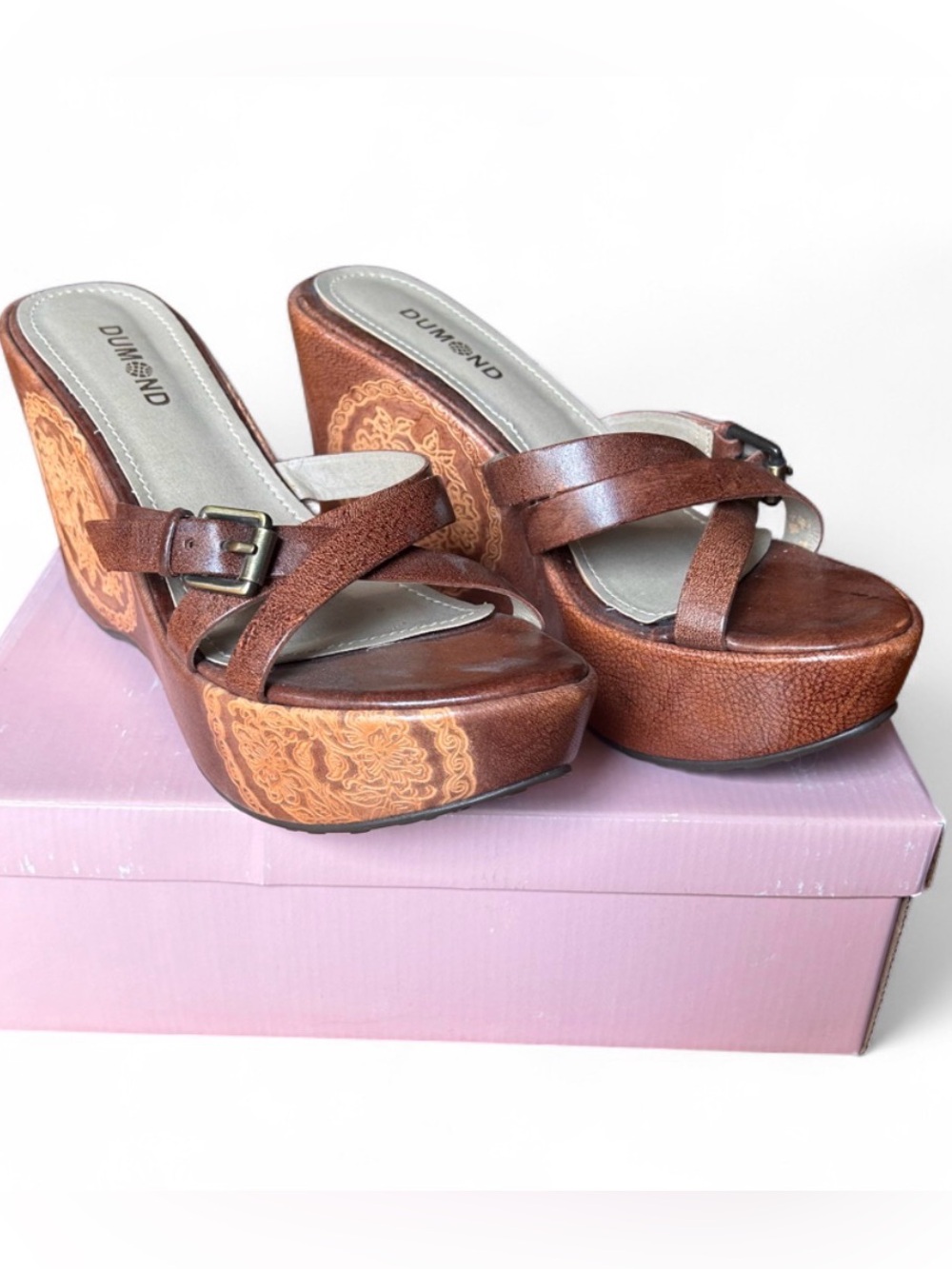 Brazilian Dumond Leather Brown Floral-Embossed Wedge Sandals